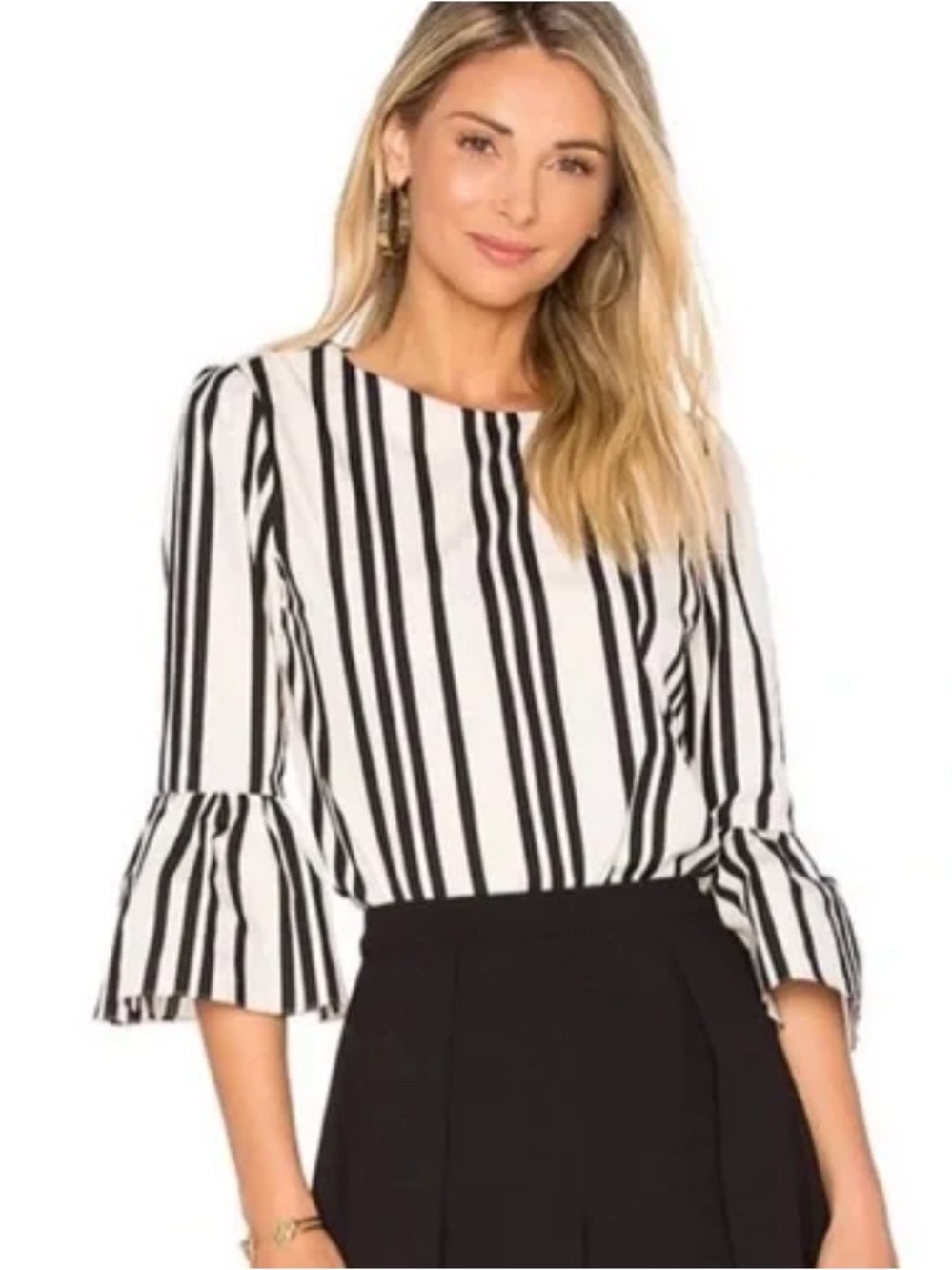 Alice + Olivia Black and White Striped Bell-Sleeve Blouse size L